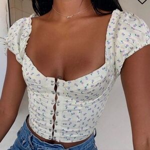 Princess Polly Yellow Corset Crop Top with Purple Flowers Size 4 Puff Sleeves